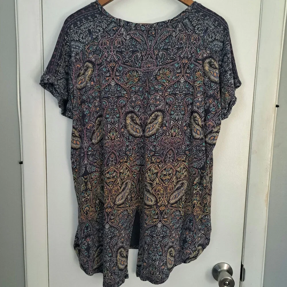 Lucky Brand Blue Multicolor Paisley Print Split Tail Women's 2X Short Sleeve - Picture 2 of 9